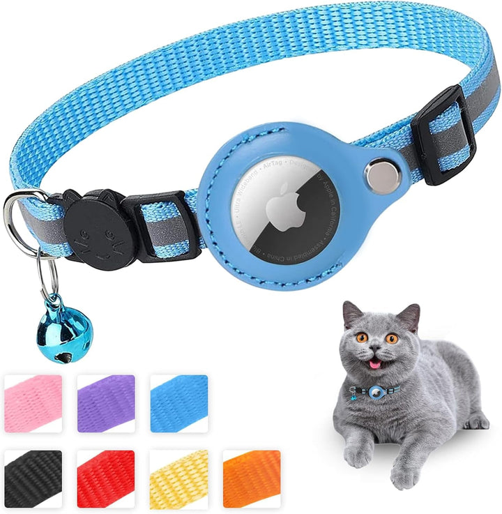 Zgardă pentru pisici Mouyou Airtag, zgardă reflectorizantă din nailon moale cu clopoțel și încuietoare de siguranță, zgardă de urmărire pentru pisici cu suport, husă Airtag reglabilă de la 22-34 cm, albastru