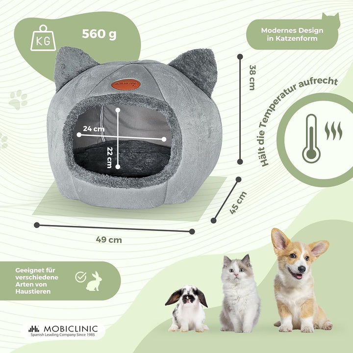 Mobiclinic® Pets, Pat pentru pisici, Cuib tip peșteră, Hellocatty, Lavabil la mașină, Ușor de pliat și depozitat, Antiderapant, Pernă detașabilă confortabilă, Spumă 25D, Design modern