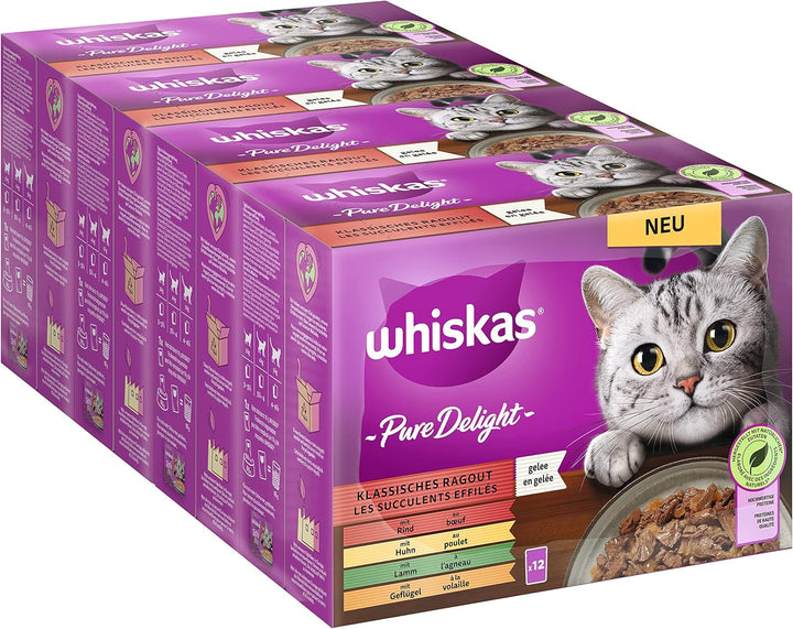Hrană pentru pisici Whiskas 1+ Pure Delight Classic Selection in Jelly, 12X85G (4 pachete) - Hrană umedă de calitate superioară pentru pisici adulte în 48 de plicuri