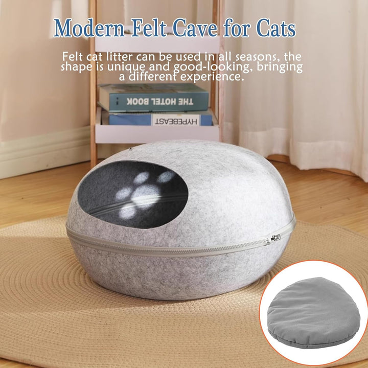 Peșteră pentru pisici din fetru, cuib detașabil pentru pisici cu pernă moale, cort pentru pisici cu fermoar, peșteră de îmbrățișare în formă de coajă de ou pentru pisici și câini