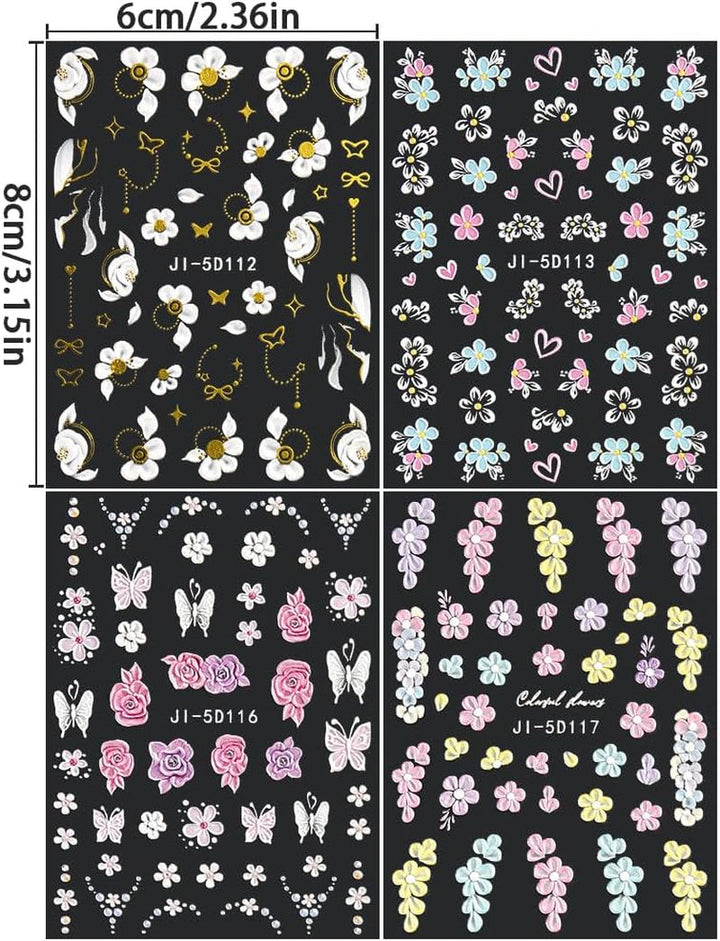 5D Geprägte Blume Nagelsticker Nagelfolie Selbstklebend Acryl Geschnitzte Blumen Nagelaufkleber Schmetterling Nail Sticker Blütenblätter Nageldesign Aufkleber Nägel Zubehör Flower Nail Art Stickers
