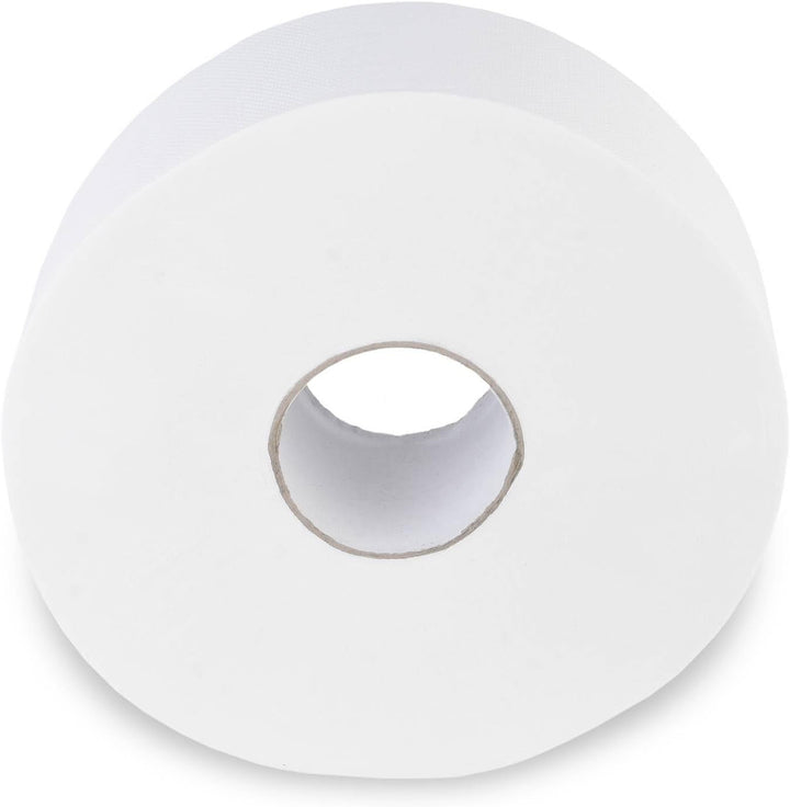 Hârtie igienică Quicky Jumbo 2 straturi, 25 cm Ø, alb strălucitor, relief cu puncte fine, 6 role - absorbantă și rezistentă la rupere pentru igienă maximă, ideală pentru instituțiile publice și industrie
