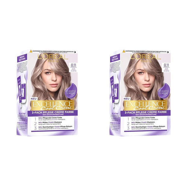 L'Oréal Paris Permanent Hair Colour Colour Result, 100% acoperire păr gri, set cu colorant, șampon și cremă de îngrijire, Excellence Cool Creme, Nr. 8.11 Ultra cool blond deschis (Blond) (pachet de 2) Vopsea pentru par Naty Shop Titlu implicit