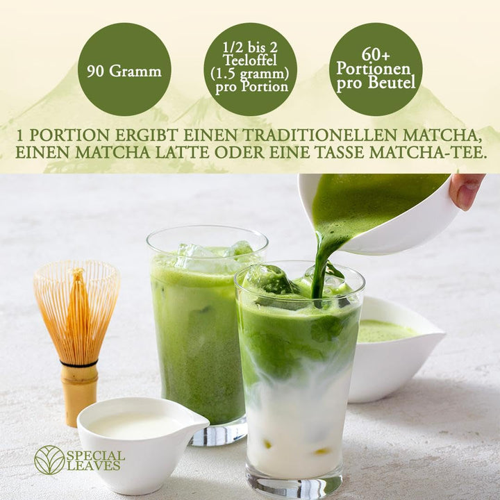 Pudră Matcha - 90 g - 100% naturală și măcinată fin - Pentru ceai și Matcha Latte - Fără aditivi - Calitate superioară din tradiția japoneză a ceaiului - Ceai verde premium de la Special Leaves