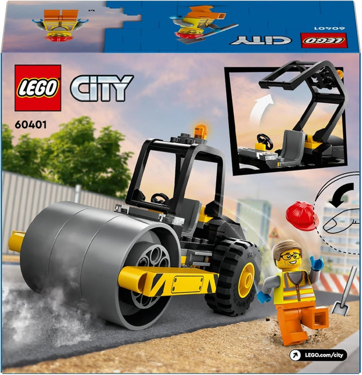 LEGO City Road Roller, vehicul de șantier pentru copii de la 5 ani, jucărie cu role cu aburi cu minifigurină de muncitor în construcții, experiență de joacă imaginativă pentru băieți și fete, mic, cadou distractiv 60401 Seturi de constructie Besuche den LEGO-Store
