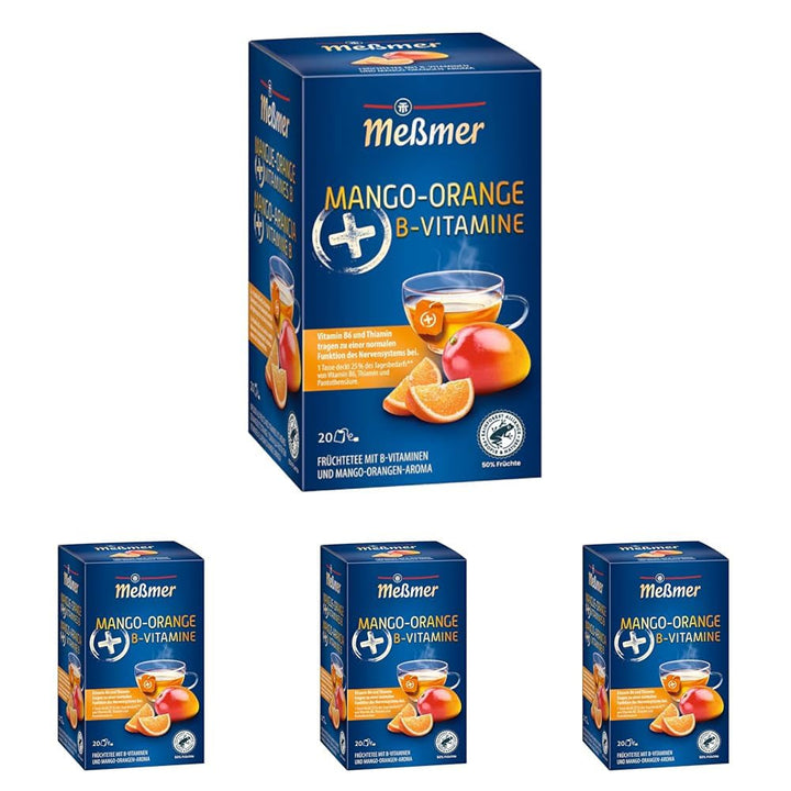 Ceai Meßmer plus | Mango-portocală + vitamine B | 20 pliculețe de ceai | Fără gluten | Fără lactoză | Vegan