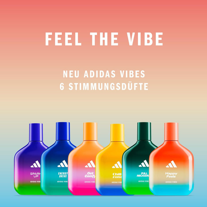 Adidas Vibes Happy Feels Eau De Parfum, un parfum unisex vesel, care îmbunătățește starea de spirit, cu note florale proaspete și uleiuri esențiale naturale, 100 ml