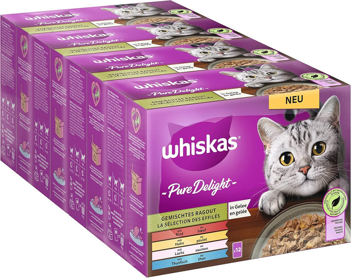Hrană pentru pisici Whiskas 1+ Pure Delight Classic Selection in Jelly, 12X85G (4 pachete) - Hrană umedă de calitate superioară pentru pisici adulte în 48 de plicuri