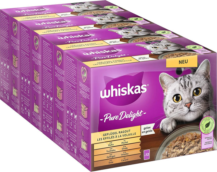 Hrană pentru pisici Whiskas 1+ Pure Delight Classic Selection in Jelly, 12X85G (4 pachete) - Hrană umedă de calitate superioară pentru pisici adulte în 48 de plicuri