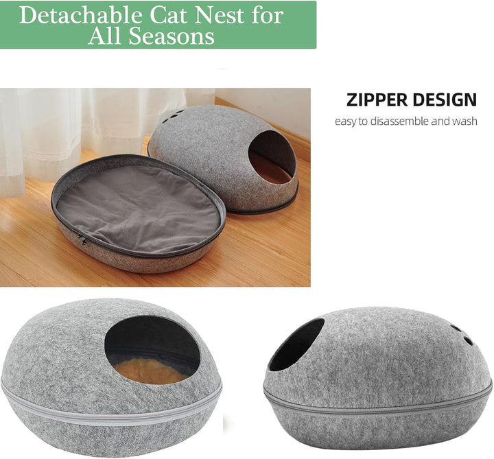 Peșteră pentru pisici din fetru, cuib detașabil pentru pisici cu pernă moale, cort pentru pisici cu fermoar, peșteră de îmbrățișare în formă de coajă de ou pentru pisici și câini