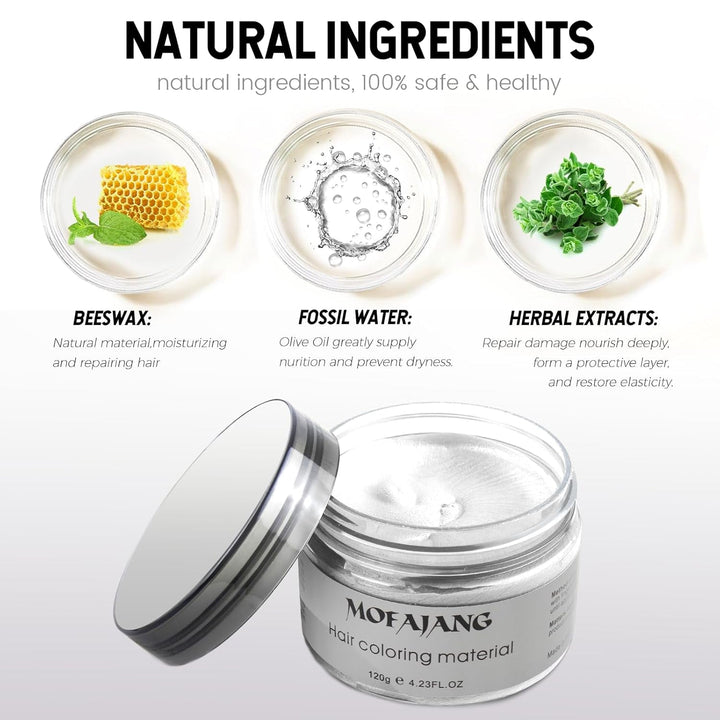 Culoare temporară a părului, Styling Hair Tone pentru bărbați femei, Pomadă pentru coafură naturală, Ceară pentru vopsirea părului pentru petreceri, Cosplay și Halloween, 4.23 oz (Silver Grey) Vopsea pentru par Naty Shop