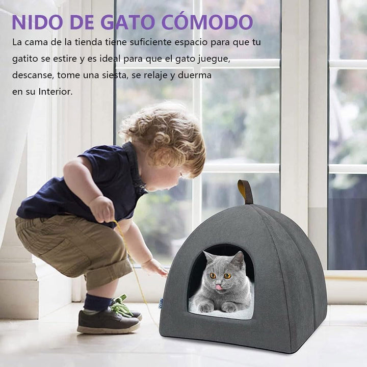 Pat pentru pisici, Peșteră moale pentru pisici, Paturi moi și calde din pluș pentru pisici, Cuib pentru pisici cu pernă interioară detașabilă și lavabilă, Gri, M