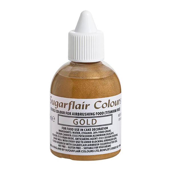 Colorant alimentar comestibil Sugarflair Gold, colorant aerograf pentru torturi, brioșe, glazură și decorațiuni pentru torturi - 60 ml