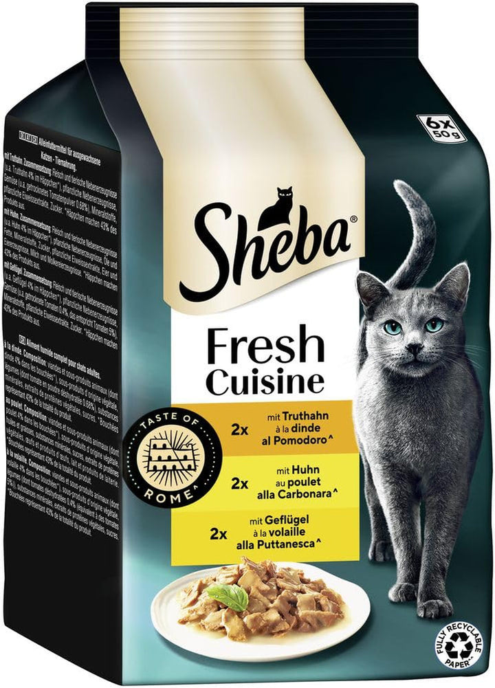 Sheba Portion Bag Wet Cat Food Multipack Fresh Cuisine Taste of Rome With Turkey And Chicken, 6X6X50G - Hrană fină pentru pisici făcută din curcan și pui