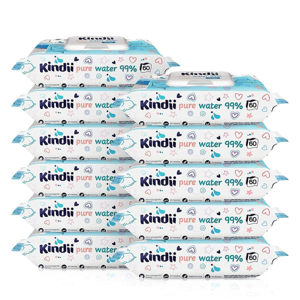 Kindii Feuchttücher Für Babys Und Kinder Pure Water 99% - 99%Ige Zusammensetzung Auf Wasserbasis - Allantoin - Unparfümiert - Dermatologisch Getestet - Für Empfindliche Haut - 720 Stück - 12X60 Stück Naty Shop