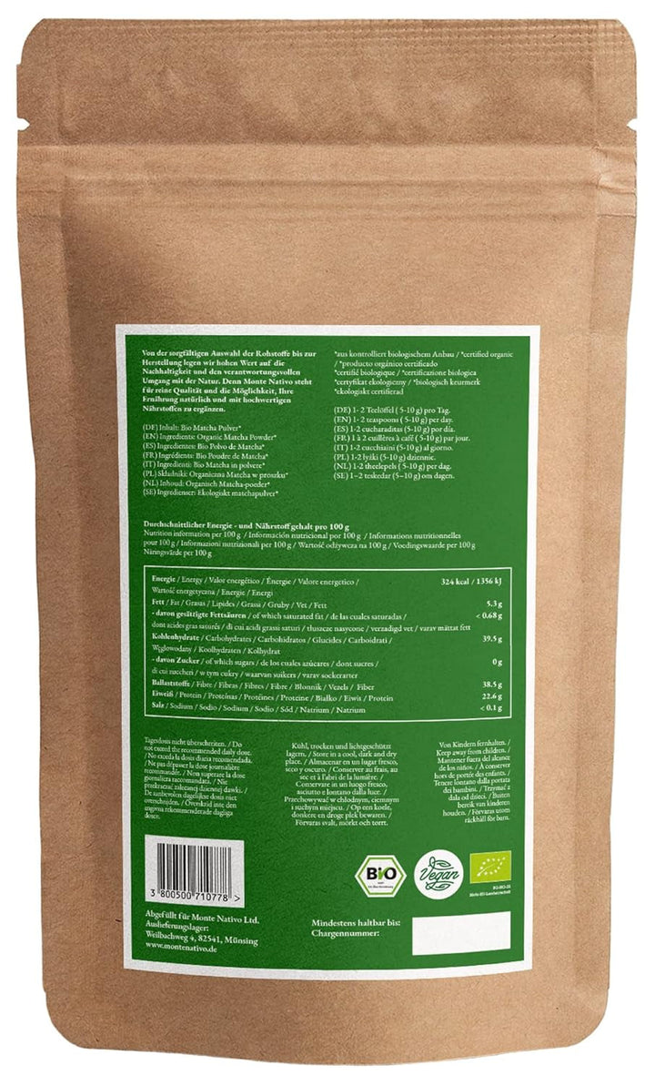 Pudră Matcha Bio Monte Nativo (100G) - Ceai Matcha pentru Latte - Ceai verde premium - 100% natural și fără aditivi
