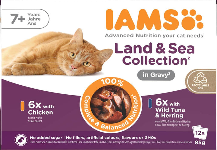 IAMS Delights Senior Cat Food Wet - Multipack cu pui și pește în sos, hrană umedă de înaltă calitate pentru pisici bătrâne de la 7 ani, 12 X 85 G