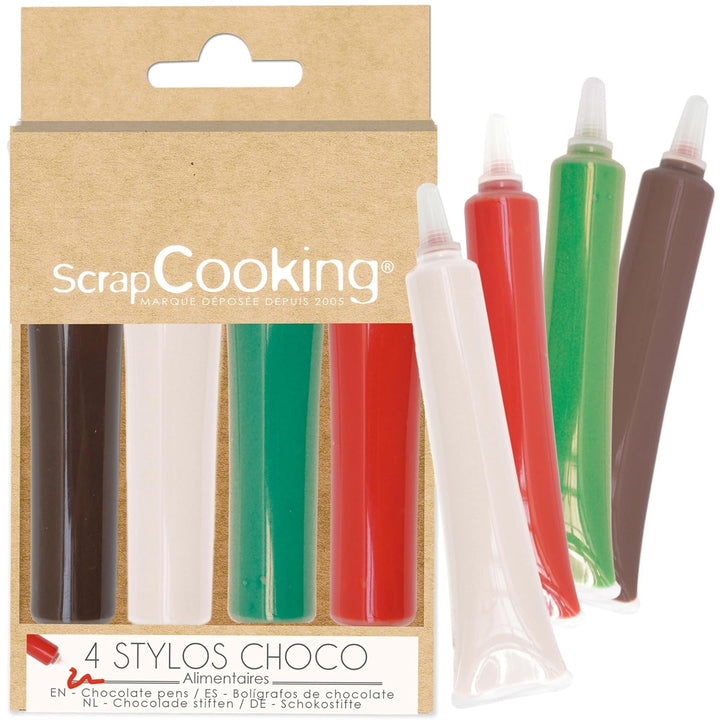 Scrapcooking - Set de 4 creioane colorate de ciocolată de Crăciun - Maro, Alb, Verde și Roșu - Colorant comestibil - Colorant alimentar pentru scris - Scrie și desenează pe deserturi, prăjituri și fursecuri - 7060