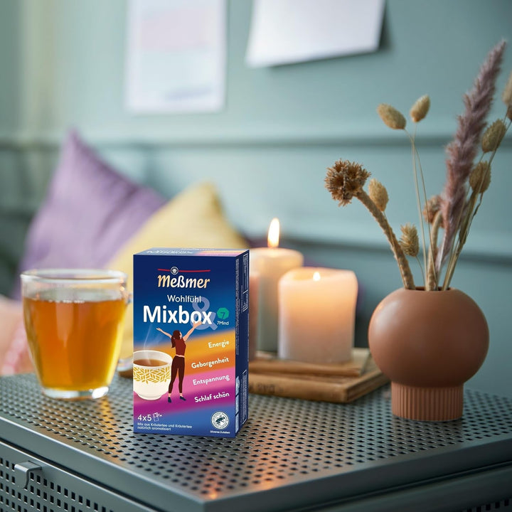 Meßmer Wohlfühltee Mixbox | 20 pliculețe de ceai | 5X Energie | 5X Siguranță | 5X Relaxare | 5X Somn bun | Un mix de ceaiuri din plante din gama Meßmer Wohlfühl