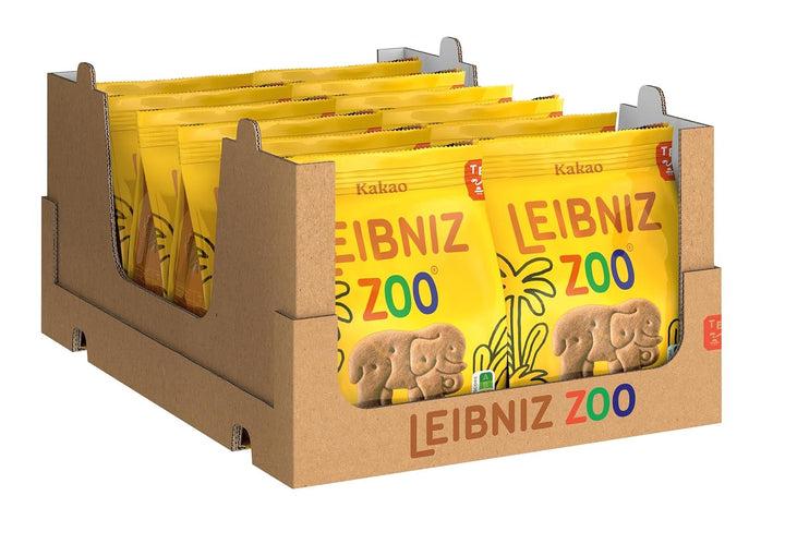 LEIBNIZ ZOO -30% Zahăr, Pachet de 12, Fursecuri cu unt cu motive animale, Fursecuri crocante cu mai puțin zahăr, Pachet vrac pentru stoc sau pentru vânzare (12 x 125 g)