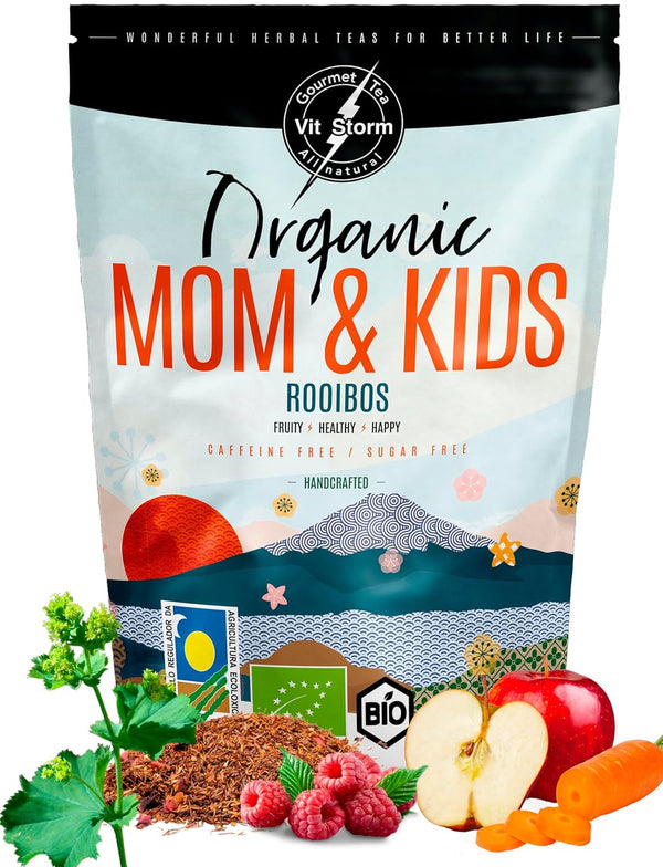 VITSTORM® BIO TEE Mom &amp; Kids – Ceai pentru femei și alăptare – Rooibos, mere, fenicul, melisă, alchemilla, căpșuni – Ceai relaxant - Fructat și delicios - Fără cofeină - Ceai din plante 100 g