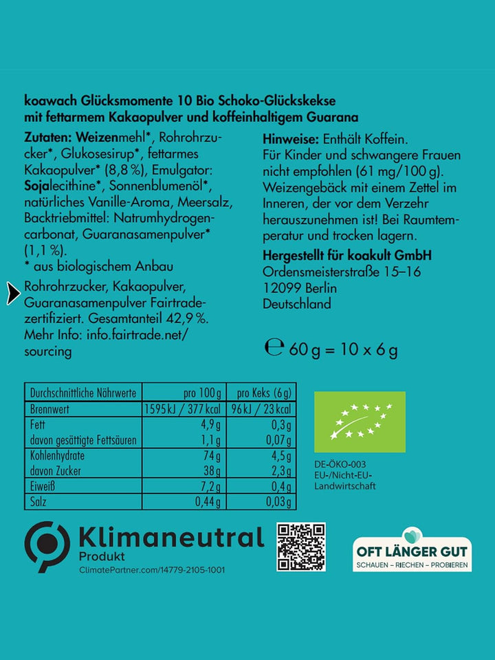 Fursecuri Koawach Fortune Happy Moments Chocolate Vegan – Fursecuri cu ciocolată, ambalate individual – Sustenabile, organice și echitabile – Fursecuri Guarna cu cafeină