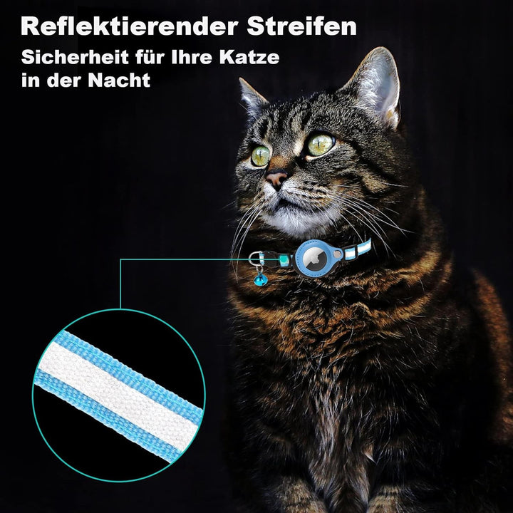 Zgardă pentru pisici Mouyou Airtag, zgardă reflectorizantă din nailon moale cu clopoțel și încuietoare de siguranță, zgardă de urmărire pentru pisici cu suport, husă Airtag reglabilă de la 22-34 cm, albastru