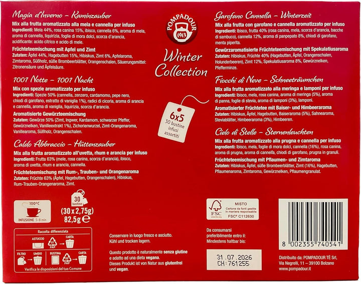 Pompadour 1913 Winter Collection Sortiment de ceaiuri din fructe și plante fără cofeină - 1 x 30 pliculețe de ceai (82,5 grame)