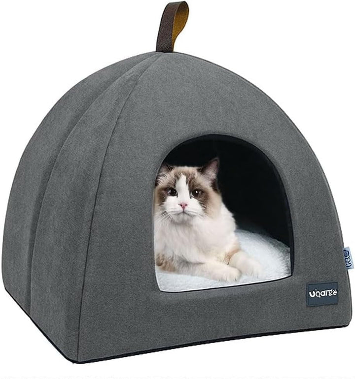 Pat pentru pisici, Peșteră moale pentru pisici, Paturi moi și calde din pluș pentru pisici, Cuib pentru pisici cu pernă interioară detașabilă și lavabilă, Gri, M