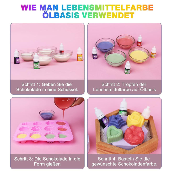 Colorant alimentar liposolubil - Ercorart 10 culori colorant alimentar pe bază de ulei, foarte concentrat, pentru ciocolată, unt de cacao, fudge, prăjitură cu ciocolată, glazură, înghețată etc., 6 ml/bucată