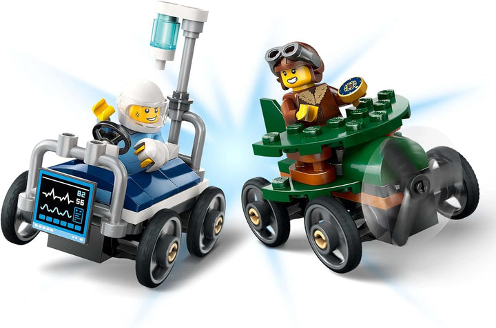 LEGO City Airplane Vs. Hospital Bed Race Car Set - Jucărie Soapbox pentru băieți și fete de la 5 ani - Set de construcție cu 2 minifigurine - Cadou aniversar și de vacanță 60459 Seturi de constructie Besuche den LEGO-Store