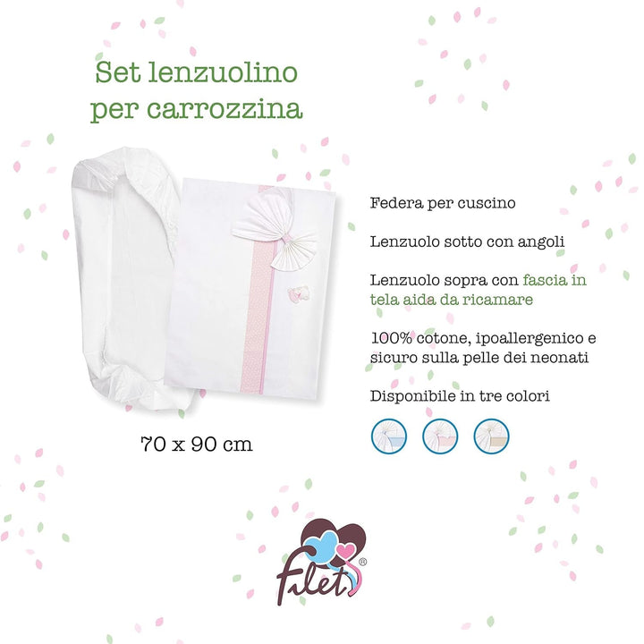Set de lenjerie de pat Carrycot alb și roz, format din 1 cearșaf cu colțuri, 1 cearșaf de sus cu panglică Aida pentru broderie și 1 față de pernă, 100% bumbac, Made in Italy Plapumi si pilote Naty Shop
