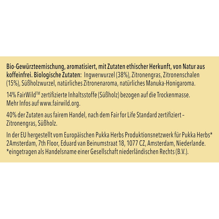 Pukka | Amestec de ceaiuri aromatizate bio „Lămâie și ghimbir cu o notă fină de miere de Manuka” | Încălzește-te și relaxează-te cu acest ceai | Pachet de 1 | 20 pliculețe de ceai