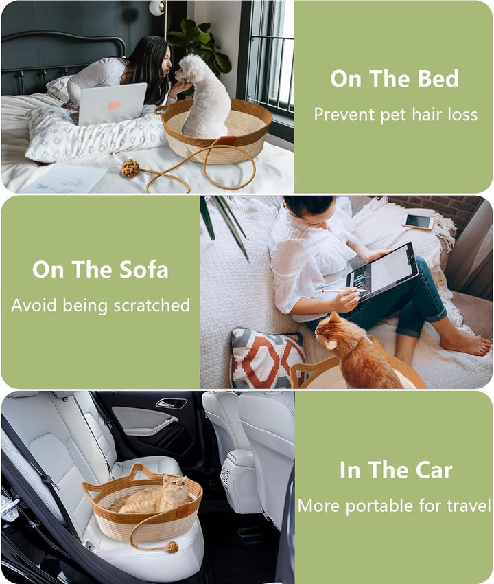 Pat pentru pisici din bumbac țesut manual cu coadă de jucărie, pliabil și respirabil (M)