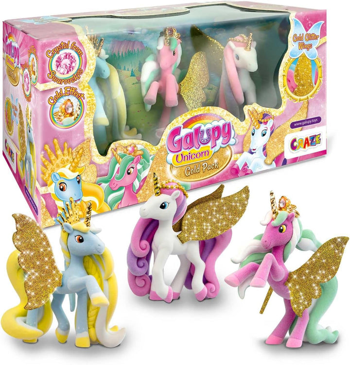 Galuppy Unicorn - 3 balíčky balíčku jednorožec, jednorožce hračky, figurky poníků s lesklými křídly a Swarovski Crystal