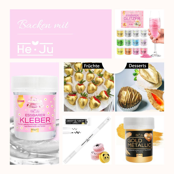 Pudră de aur comestibilă He-Ju 10g, vegană și fără E171, colorant alimentar auriu, sclipici comestibil pentru băuturi și alimente