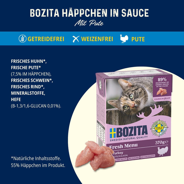 Hrană umedă Bozita Tetra cu curcan în jeleu - 6X370G Hrană pentru pisici fără cereale, fără zahăr - fără OMG, cu 7,5% proteine, 5% grăsimi - Sănătos și echilibrat pentru gurmanzi