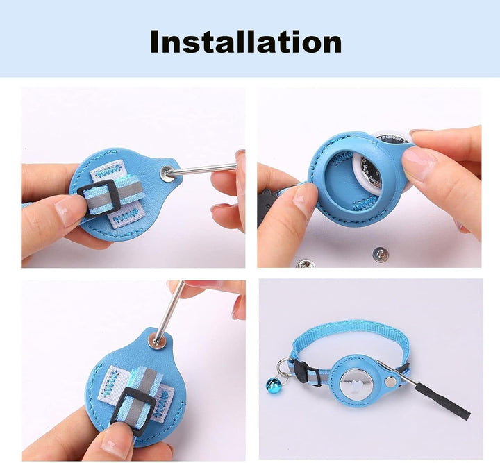 Zgardă pentru pisici Mouyou Airtag, zgardă reflectorizantă din nailon moale cu clopoțel și încuietoare de siguranță, zgardă de urmărire pentru pisici cu suport, husă Airtag reglabilă de la 22-34 cm, albastru