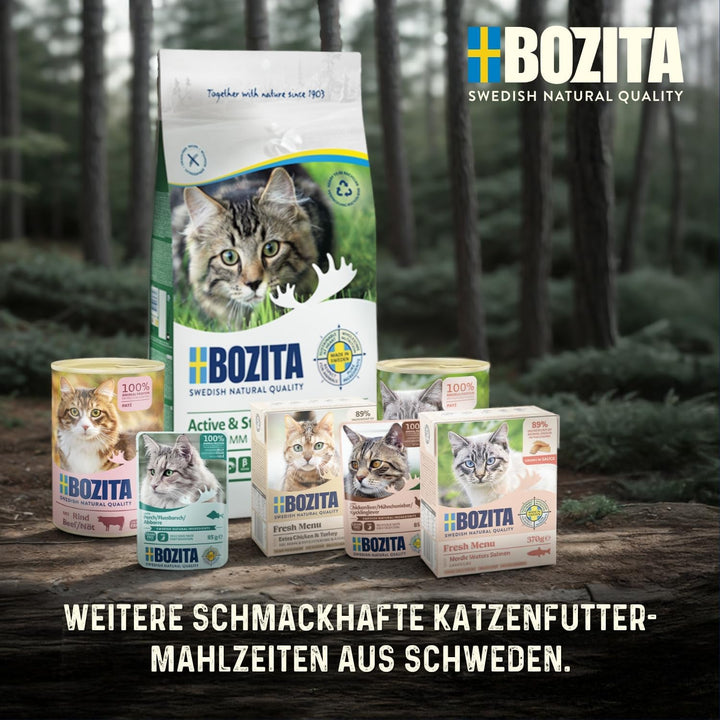 Hrană umedă Bozita Tetra cu curcan în jeleu - 6X370G Hrană pentru pisici fără cereale, fără zahăr - fără OMG, cu 7,5% proteine, 5% grăsimi - Sănătos și echilibrat pentru gurmanzi