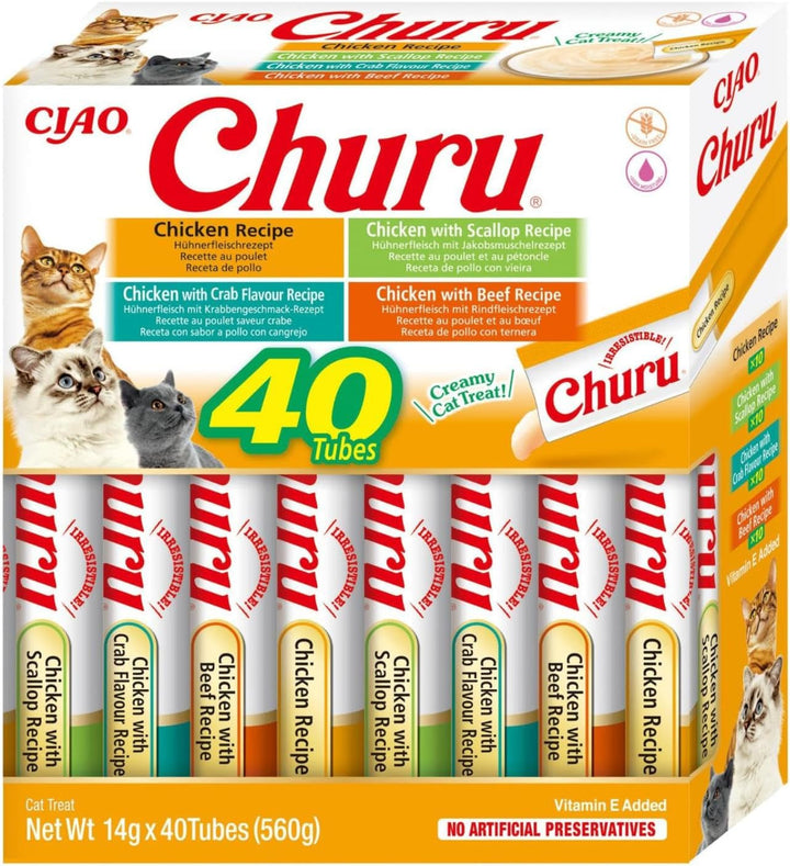 INABA Churu The Best Cat Treats For Vet, Training, Bonding, Dulciuri cremoase pentru pisici, cutie variată cu 100% carne naturală | Fără cereale, fără zahăr, cu conținut scăzut de calorii 40 X 14 G
