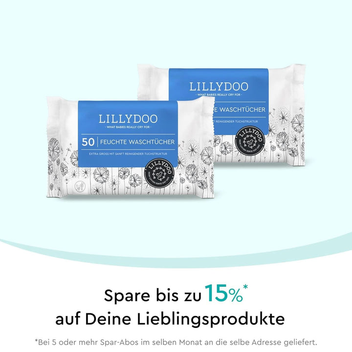 LILLYDOO Feuchte Waschtücher 350 Stück (7 X 50), 100% Plastikfrei, Extra Großes Tuch, Ohne Parfüme Naty Shop