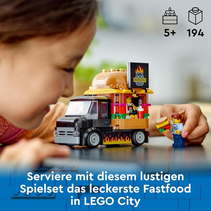 LEGO City Burger Truck, set de construcție cu mașină de jucărie pentru copii de 5 ani, minifigurină Food Truck și accesorii, cadou distractiv pentru băieți și fete 60404 Seturi de constructie Besuche den LEGO-Store