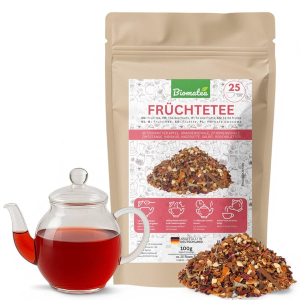 Ceai de fructe – 100 g Amestec aromat de fructe cu mere, hibiscus și scorțișoară – Pungă cu fermoar, aproximativ 25 de cești – Fără aditivi, ambalat în Germania