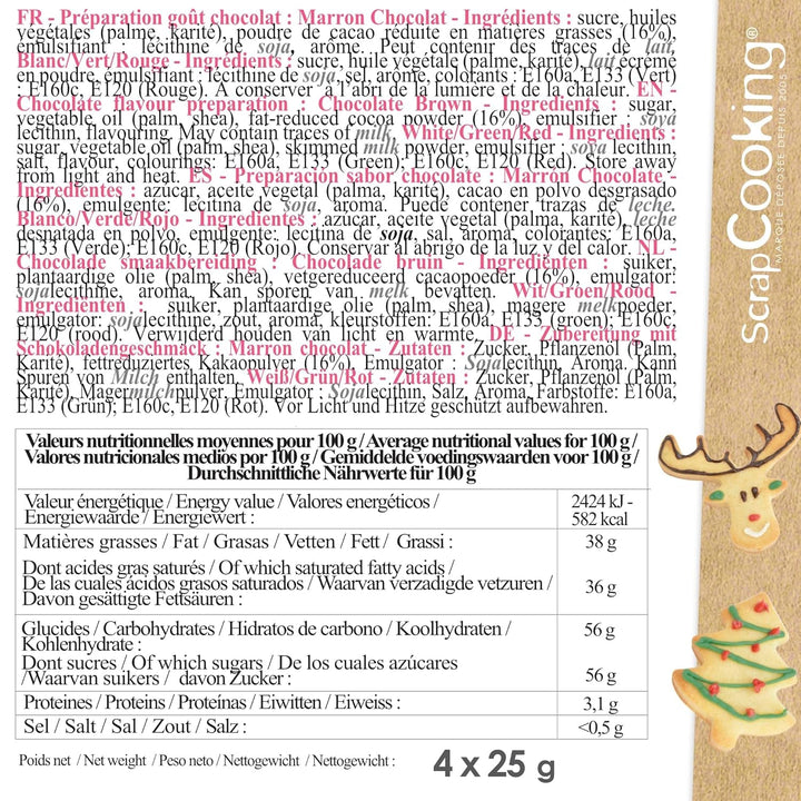 Scrapcooking - Set de 4 creioane colorate de ciocolată de Crăciun - Maro, Alb, Verde și Roșu - Colorant comestibil - Colorant alimentar pentru scris - Scrie și desenează pe deserturi, prăjituri și fursecuri - 7060