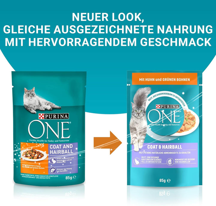 PURINA ONE Coat & Hairball Hrană umedă pentru pisici în sos, cu pui, pachet de 26 (26 X 85G)