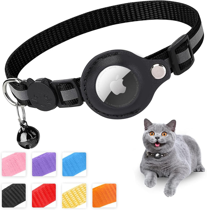 Zgardă pentru pisici Mouyou Airtag, zgardă reflectorizantă din nailon moale cu clopoțel și încuietoare de siguranță, zgardă de urmărire pentru pisici cu suport, husă Airtag reglabilă de la 22-34 cm, albastru