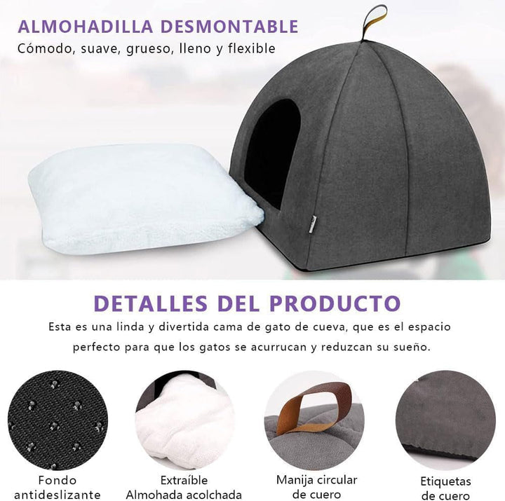 Pat pentru pisici, Peșteră moale pentru pisici, Paturi moi și calde din pluș pentru pisici, Cuib pentru pisici cu pernă interioară detașabilă și lavabilă, Gri, M