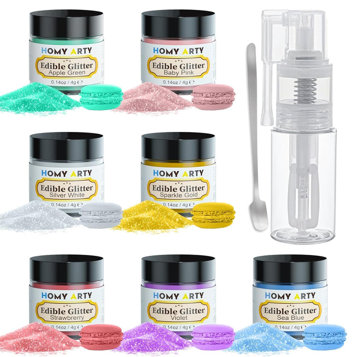 Set spray cu sclipici comestibil HOMY ARTY - 7 culori pudră cu sclipici comestibil fără aromă pentru băuturi, pudră colorant alimentar, sclipici comestibil pentru tort, șampanie, cocktailuri, spray cu sclipici comestibil - 4G
