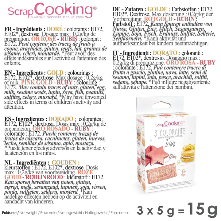 Scrapcooking - Set de 3 coloranți alimentari metalici - Colorant alimentar: auriu, auriu roz și rubin - Colorant alimentar comestibil pentru copt, prăjituri, fursecuri, torturi, ciocolată - 4019