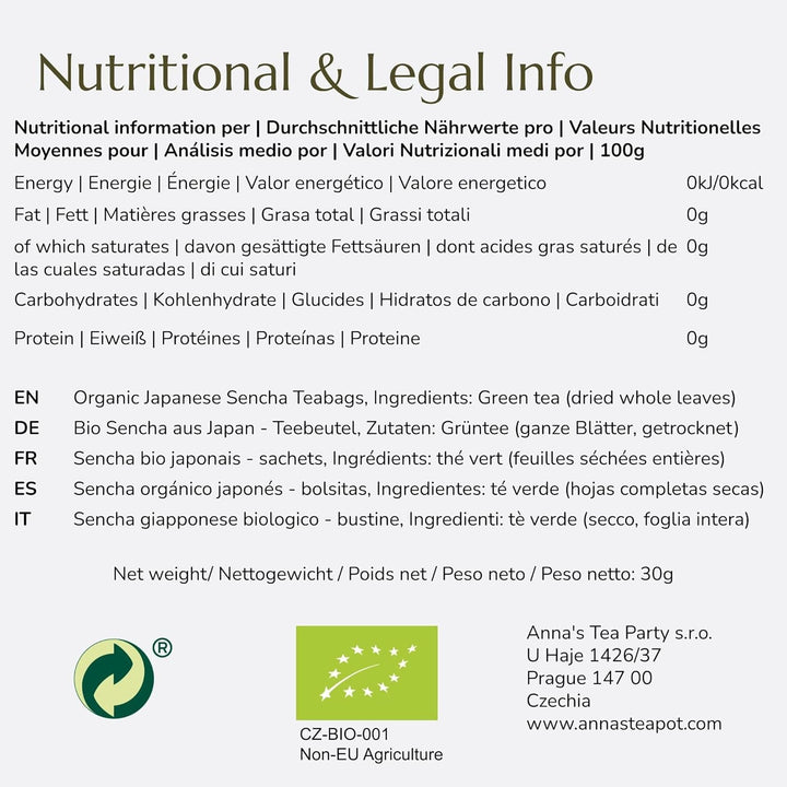 Anna'S Teapot Sencha Ceai verde organic Pliculețe - Ceai verde japonez organic 20 pliculețe piramidale într-o pungă resigilabilă